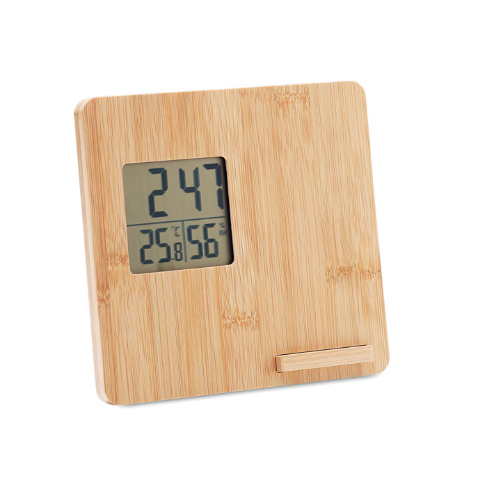 Stazione meteo in bamboo — gadget promozionale personalizzabile con il tuo logo