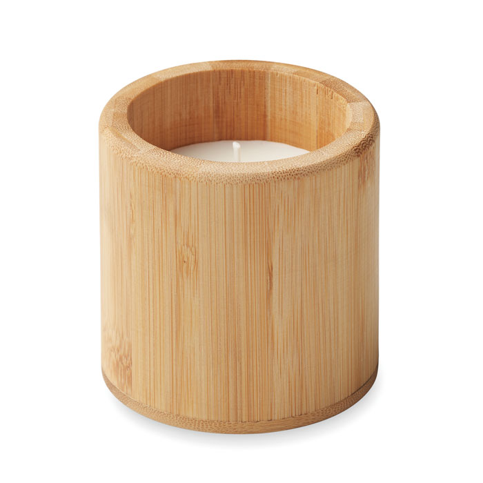Candela di cera vegetale con profumo di vaniglia in supporto di bamboo — gadget promozionale personalizzabile con il tuo logo