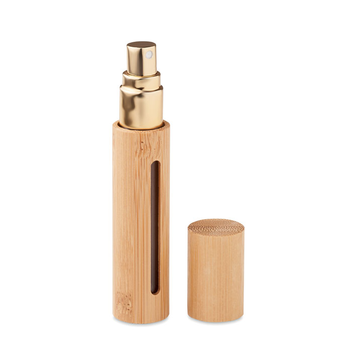 Mini atomizzatore ricaricabile per profumi con involucro in bamboo — gadget promozionale personalizzabile con il tuo logo