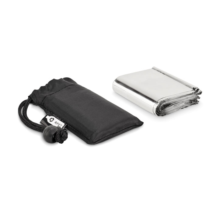 Coperta di emergenza in poliestere RPET in pouch con cordoncino — gadget promozionale personalizzabile con il tuo logo
