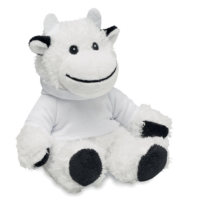 Peluche a forma di mucca che indossa un maglione con cappuccio — gadget promozionale personalizzabile con il tuo logo
