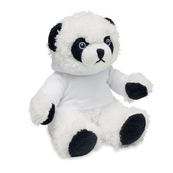 Peluche a forma di panda che indossa un maglione con cappuccio — gadget promozionale personalizzabile con il tuo logo