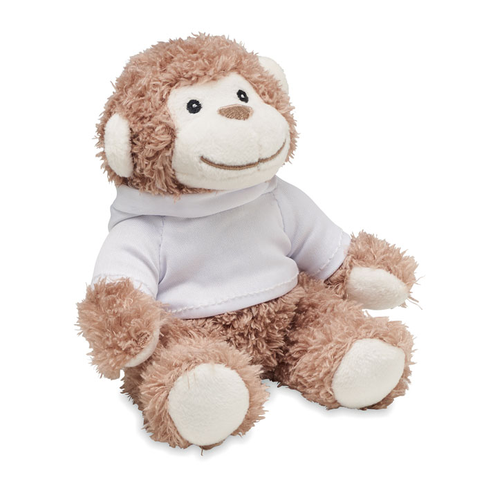 Peluche a forma di scimmia che indossa un maglione con cappuccio — gadget promozionale personalizzabile con il tuo logo