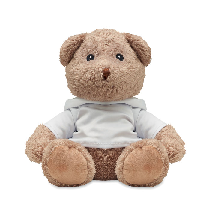 Peluche a forma di orsetto che indossa un maglione con cappuccio — gadget promozionale personalizzabile con il tuo logo