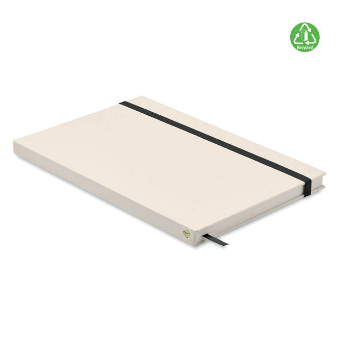 Notebook A5 con copertina rigida e 160 pagine a righe (80 fogli da 80 gr/m²) in confezione di cartone del latte riciclato al 70% e carta riciclata al 30% — gadget promozionale personalizzabile con il tuo logo