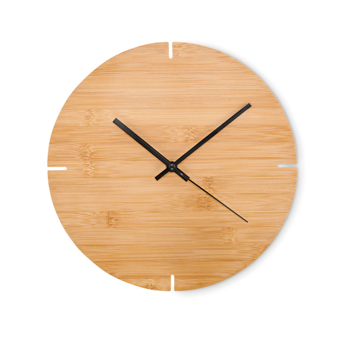 Orologio da parete in bamboo con sistema tic-toc — gadget promozionale personalizzabile con il tuo logo