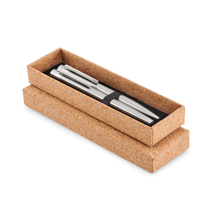 Set di penne in acciaio inossidabile riciclato con penna a sfera e roller — gadget promozionale personalizzabile con il tuo logo