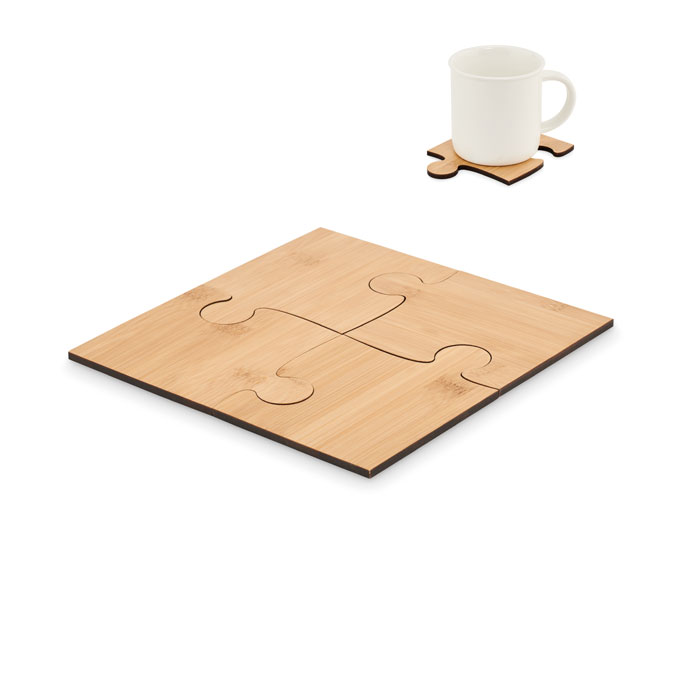 Set di 4 sottobicchieri in bamboo a forma di puzzle — gadget promozionale personalizzabile con il tuo logo