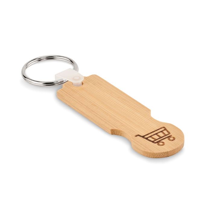 Portachiavi in bamboo con gettone in euro — gadget promozionale personalizzabile con il tuo logo
