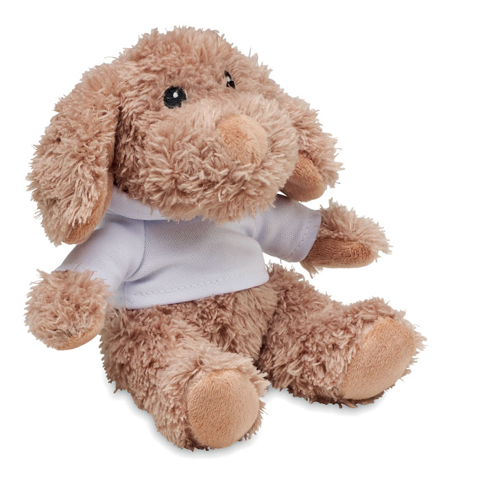 Peluche a forma di cane che indossa un maglione con cappuccio — gadget promozionale personalizzabile con il tuo logo