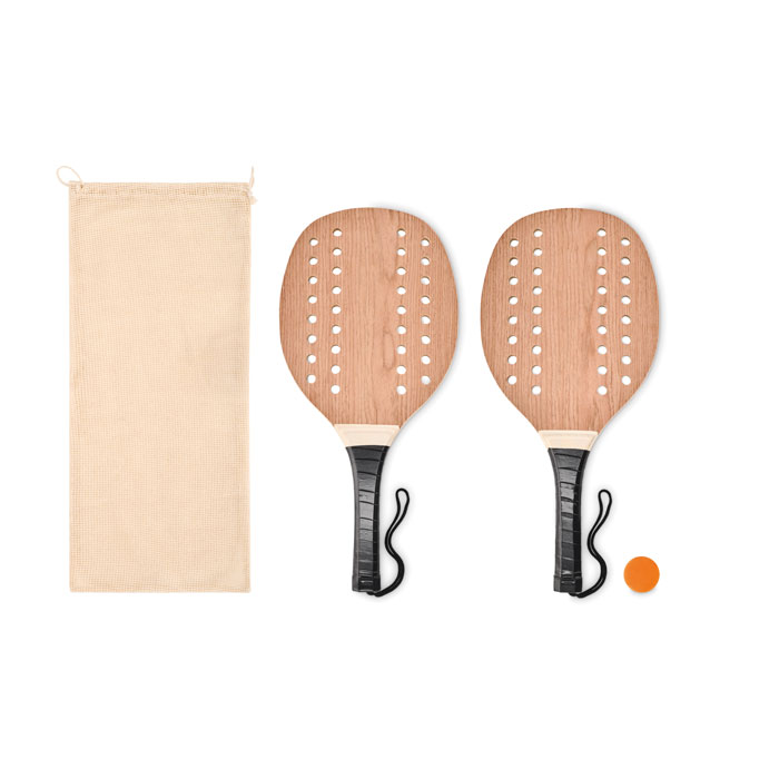 Set da beach tennis composto da 2 racchette in palissandro con impugnatura nastrata in PU e 1 pallina morbida — gadget promozionale personalizzabile con il tuo logo