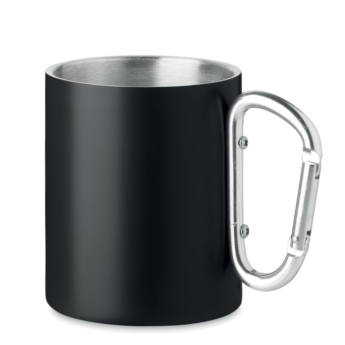 Tazza a doppio strato in acciaio inox, con manico a moschettone — gadget promozionale personalizzabile con il tuo logo