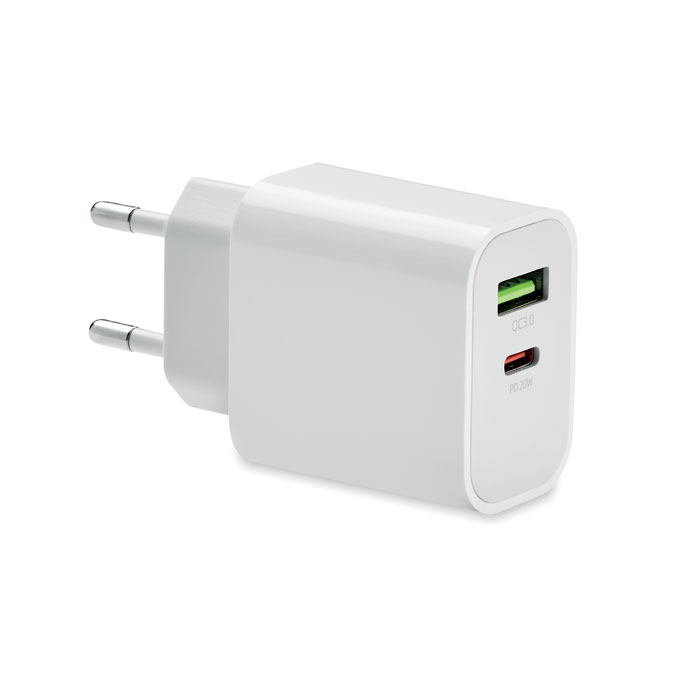 Caricatore USB a 2 porte — gadget promozionale personalizzabile con il tuo logo