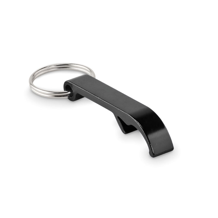 Apribottiglie in alluminio riciclato con finitura lucida e anello portachiavi — gadget promozionale personalizzabile con il tuo logo