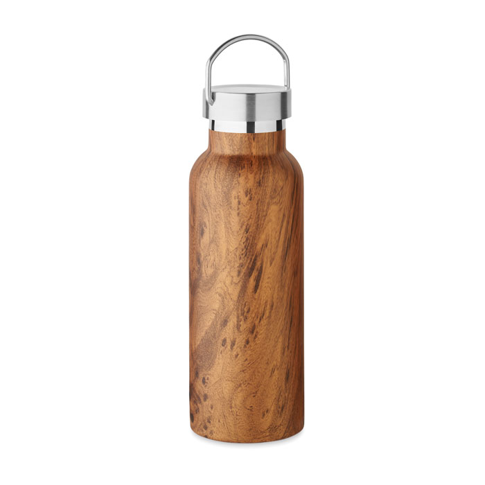 Bottiglia sottovuoto isolante a doppio strato, acciaio inossidabile riciclato (90% acciaio inox riciclato e 10% acciaio inox), simil legno e coperchio con manico — gadget promozionale personalizzabile con il tuo logo