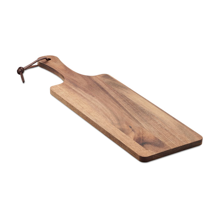 Tagliere in legno di acacia con manico e cordino in PU — gadget promozionale personalizzabile con il tuo logo
