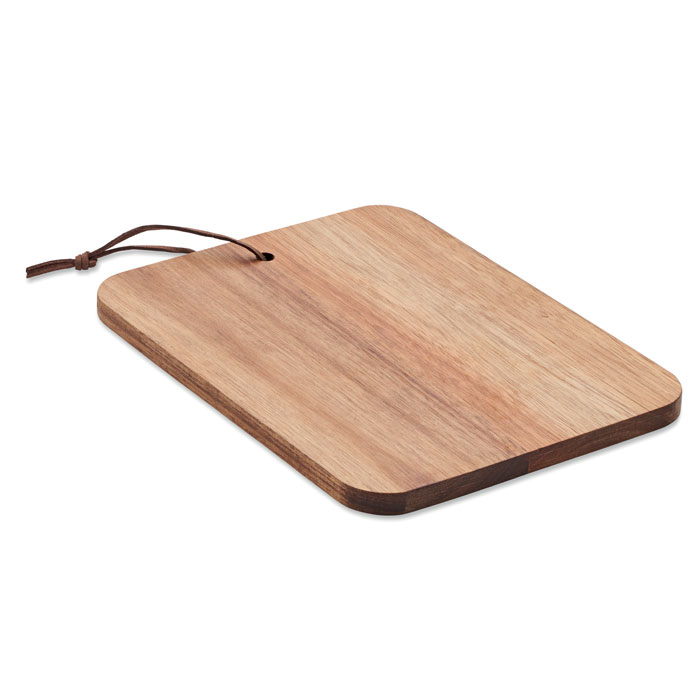 Tagliere in legno di acacia con cordino in PU — gadget promozionale personalizzabile con il tuo logo