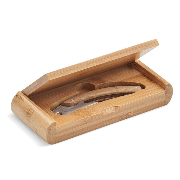 Coltello da cameriere originale in acciaio inox con doppio cavatappi e superficie in bamboo — gadget promozionale personalizzabile con il tuo logo