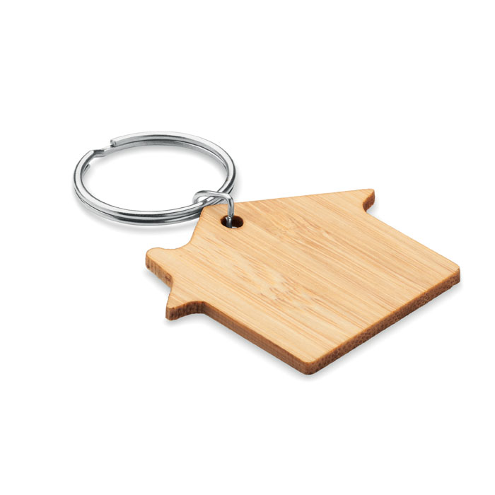 Portachiavi in bambù a forma di casa — gadget promozionale personalizzabile con il tuo logo