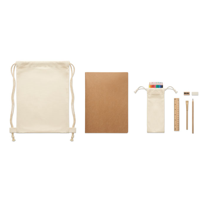Set da disegno per bambini composto da: righello, matita e temperino in legno, gomma, penna a sfera in cartone — gadget promozionale personalizzabile con il tuo logo
