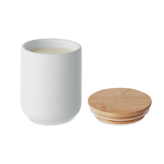 Candela di cera profumata a base vegetale in vaso di gres con coperchio in bamboo — gadget promozionale personalizzabile con il tuo logo