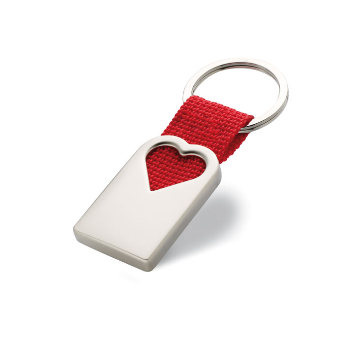 Portachiavi in metallo satinato e fascetta in tela con decorazione 'cuore' presentato in singola confezione regalo — gadget promozionale personalizzabile con il tuo logo