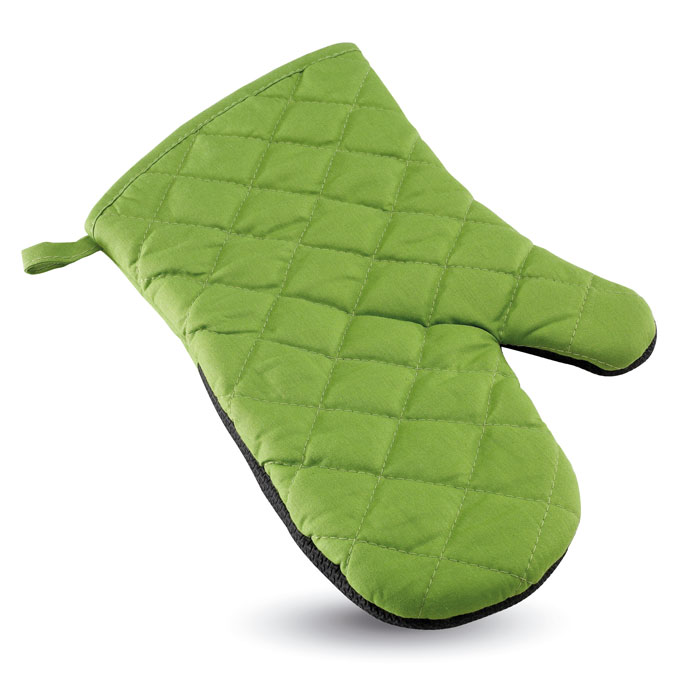 Guanto da cucina bicolore in cotone e con un lato in gomma — gadget promozionale personalizzabile con il tuo logo