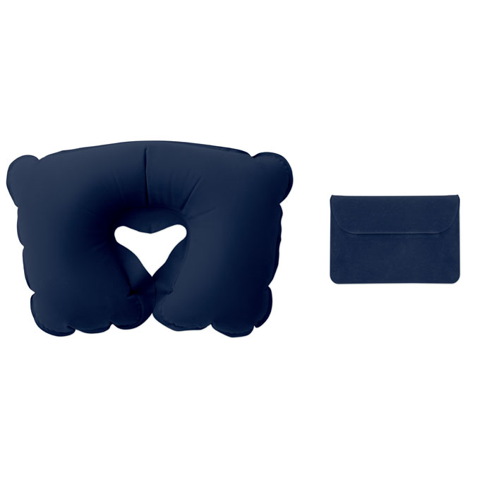 Cuscino gonfiabile da viaggio in custodia di velluto — gadget promozionale personalizzabile con il tuo logo