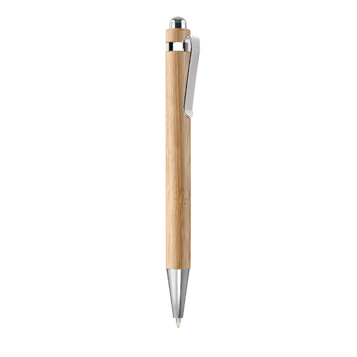Penna a sfera in bamboo e rifiniture cromate — gadget promozionale personalizzabile con il tuo logo