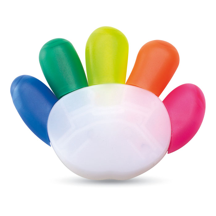Set 5 evidenziatori in supporto di plastica con ampia area per logo aziendale — gadget promozionale personalizzabile con il tuo logo