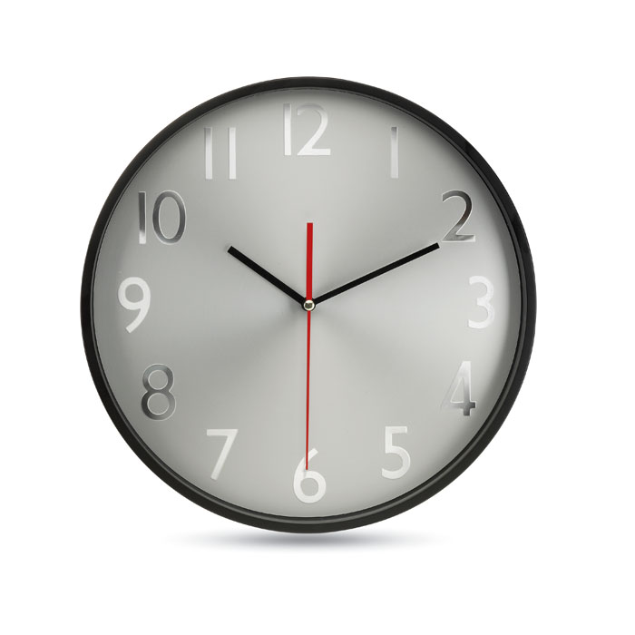 Orologio analogico da parete con vetro e quadrante con lancette in alluminio — gadget promozionale personalizzabile con il tuo logo
