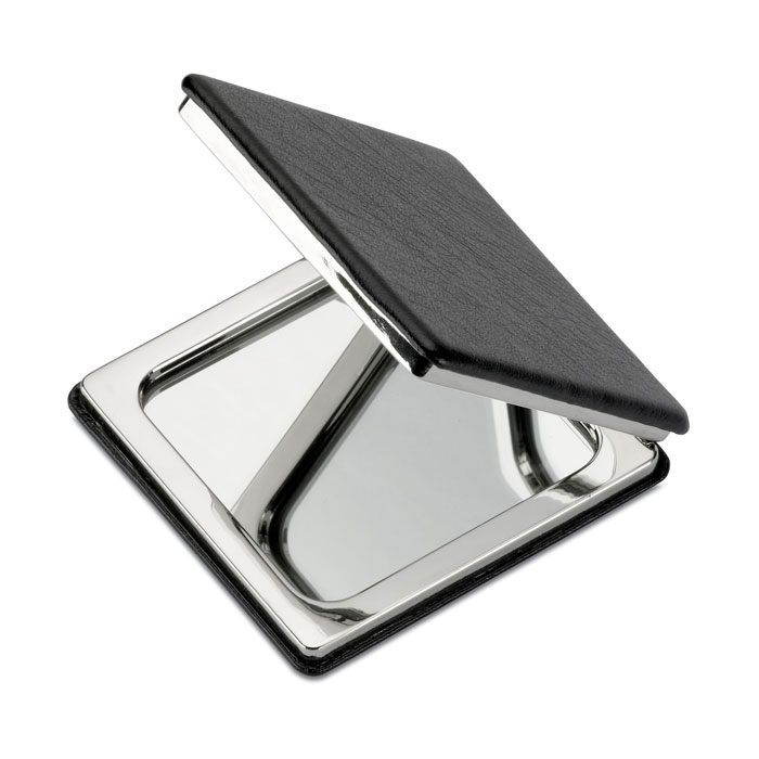 Doppio specchietto da borsa quadrato con chiusura magnetica — gadget promozionale personalizzabile con il tuo logo