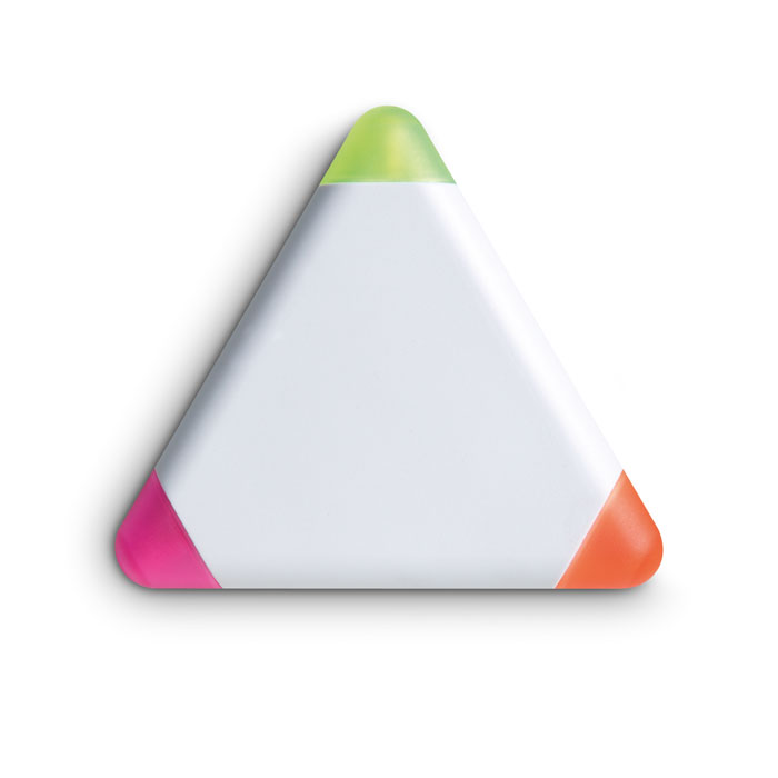 Set 3 evidenziatori in confezione triangolare in ABS — gadget promozionale personalizzabile con il tuo logo