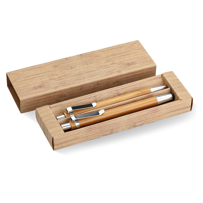 Set penna e matita in bambu — gadget promozionale personalizzabile con il tuo logo