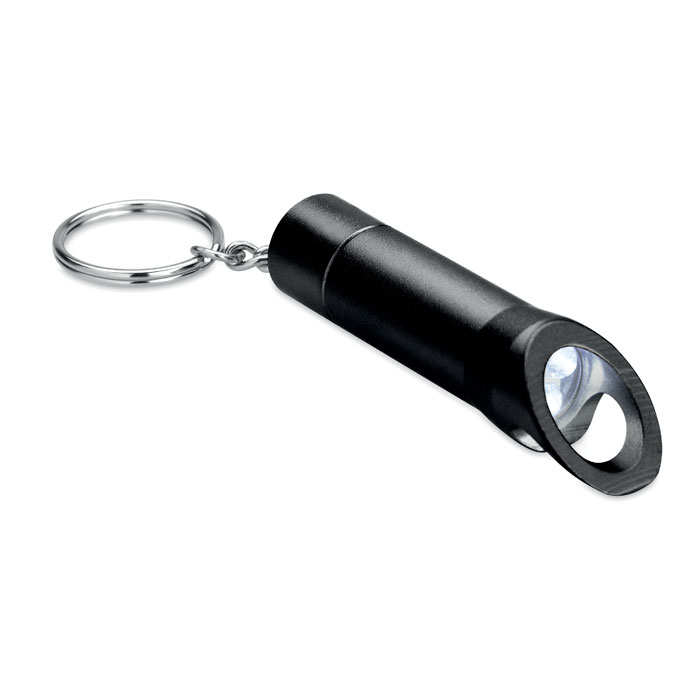 Torcia a LED di metallo con portachiavi e apribottiglie — gadget promozionale personalizzabile con il tuo logo