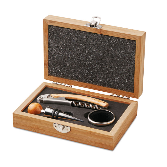 Set vino con scatola in bambu — gadget promozionale personalizzabile con il tuo logo