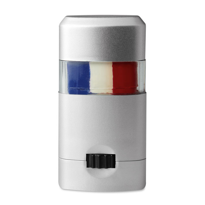 Stick colori per il corpo in cofanetto silver e tappo trasparente — gadget promozionale personalizzabile con il tuo logo