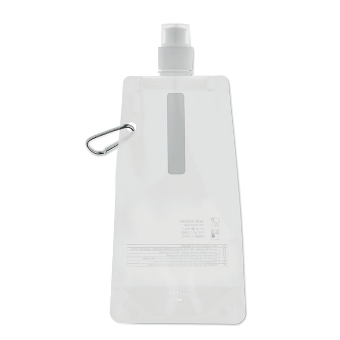 Borraccia pieghevole in PET, BPA free con moschettone in alluminio — gadget promozionale personalizzabile con il tuo logo
