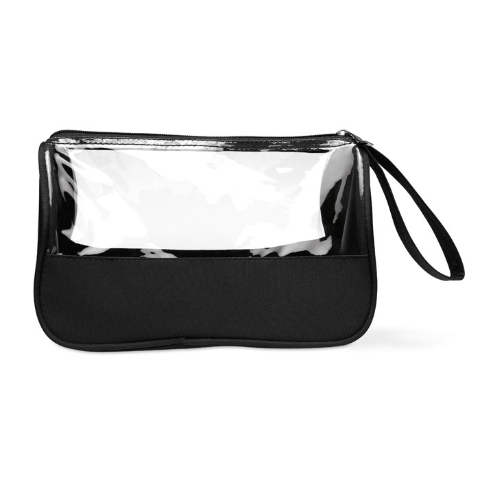 Porta cosmetici in microfibra con banda in PVC trasparente — gadget promozionale personalizzabile con il tuo logo
