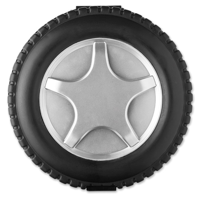 Set attrezzi 25 pezzi in confezione a forma di ruota — gadget promozionale personalizzabile con il tuo logo