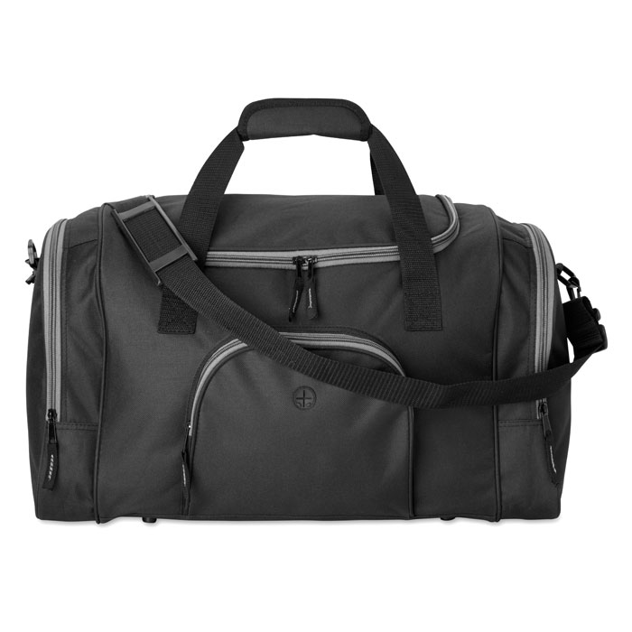 Borsone in poliestere 600D con 2 scompartimenti con chiusura zip e una tasca frontale con asola per auricolari — gadget promozionale personalizzabile con il tuo logo