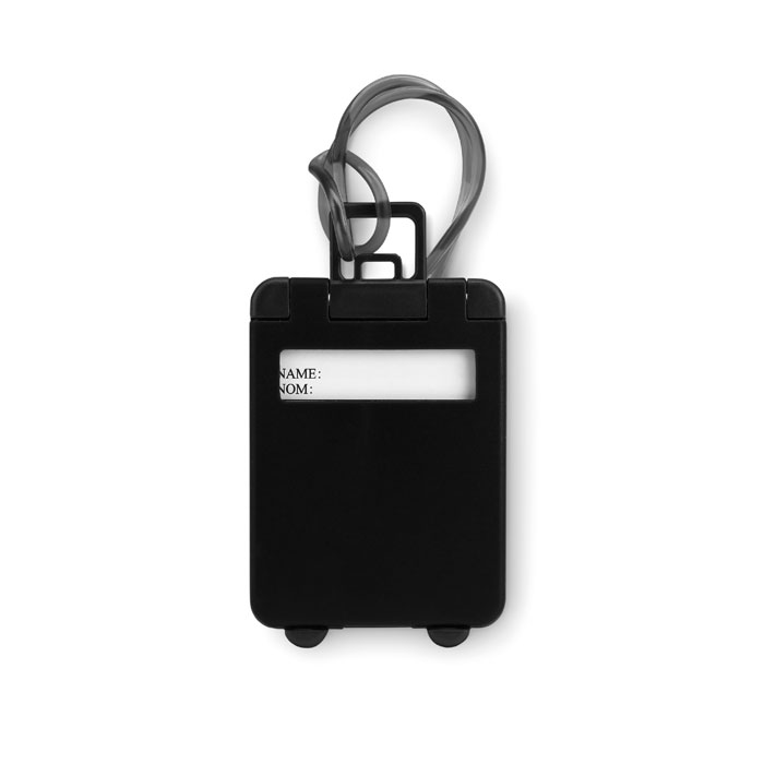 Etichetta bagaglio in plastica a forma di trolley — gadget promozionale personalizzabile con il tuo logo