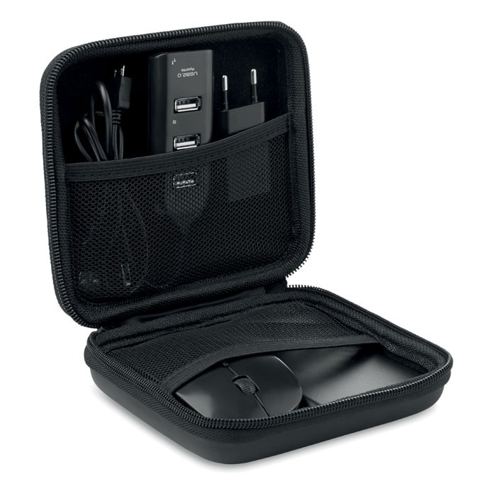 Set accessori per computer in EVA/PU composto da 1 mouse wireless, 1 hub USB da 4 porte, 1 presa EU e 1 power bank da 4000 mAh — gadget promozionale personalizzabile con il tuo logo