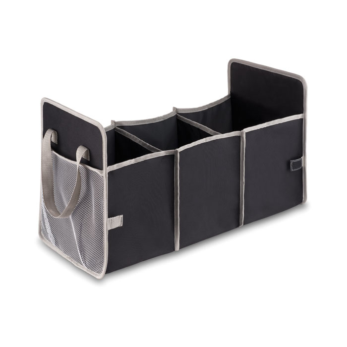 Organizer pieghevole per auto in poliestere 600D e tasche laterali in rete — gadget promozionale personalizzabile con il tuo logo