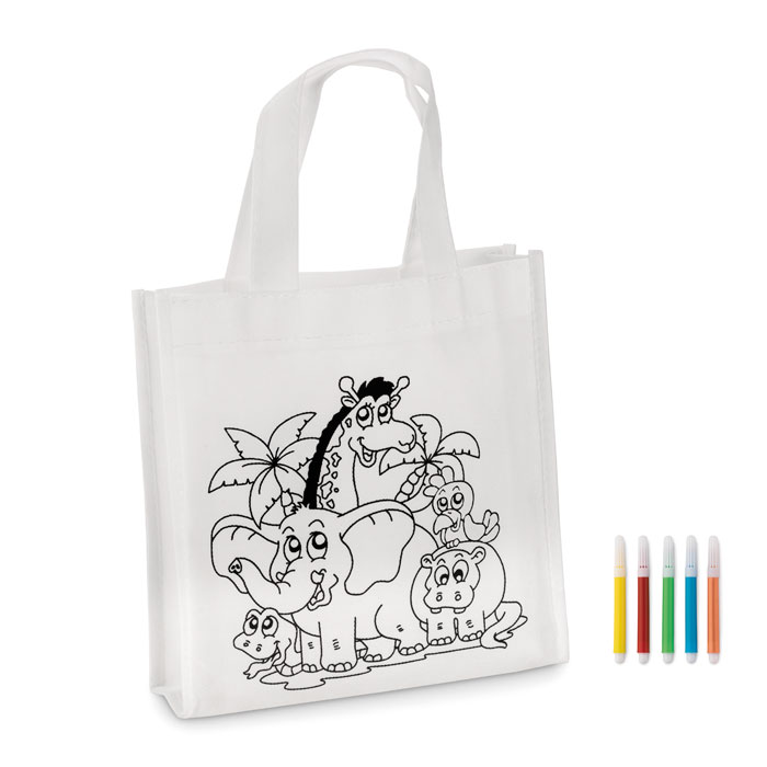 Mini borsa shopper da colorare con 5 pennarelli inclusi — gadget promozionale personalizzabile con il tuo logo