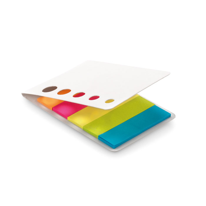 Stickynotes in 5 colori in carta riciclata — gadget promozionale personalizzabile con il tuo logo