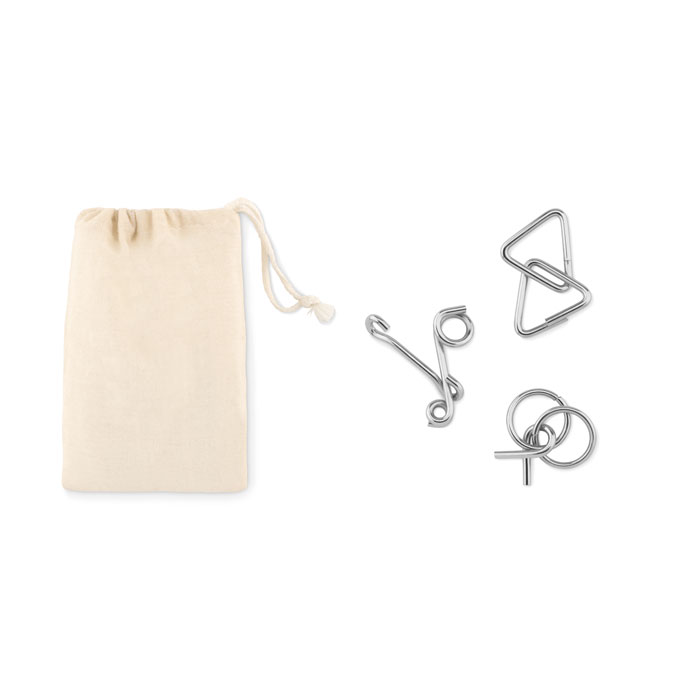 Set rompicapo in metallo, in sacchetto di cotone — gadget promozionale personalizzabile con il tuo logo