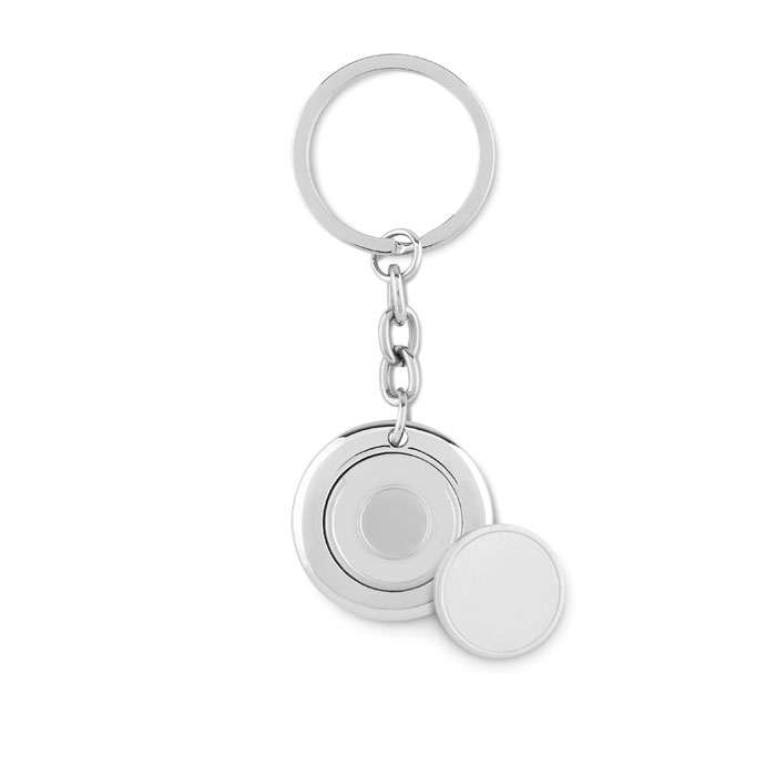 Portachiavi tondo con moneta — gadget promozionale personalizzabile con il tuo logo