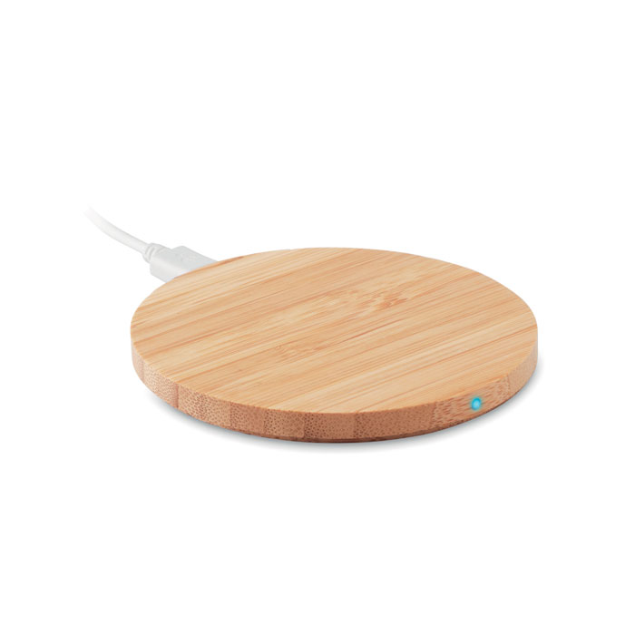 Caricatore wireless in bamboo — gadget promozionale personalizzabile con il tuo logo