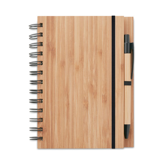 Notebook in bamboo con penna — gadget promozionale personalizzabile con il tuo logo